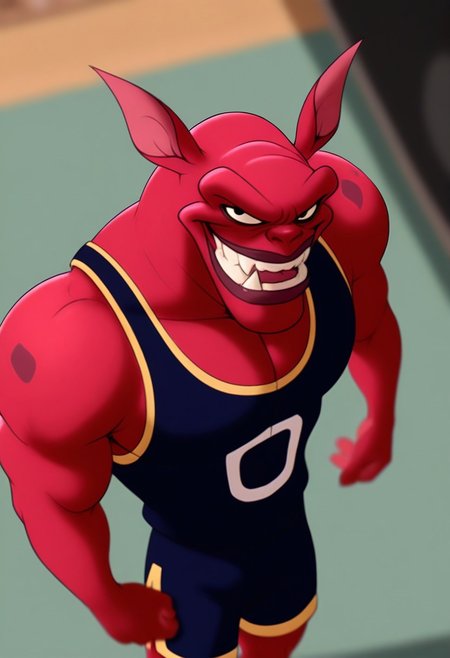 <lora:NawtSJ:1>, NawtSJ, 1boy, solo, colored skin, red skin, black eyes, perfecteyes, fangs out, toned male, muscular, athletic build, large pectorals, depth of field, soft shading, flat colors, digital media, hyper-detailed, HD, highres, amazing quality, absurd res, very aesthetic, cinematic, dutch angle, detailed background, tank top, dolphin shorts, from above, close up, face focus, smirk, portrait