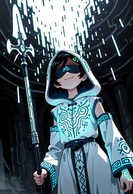 1gril, solo, Marcy, black hair, short hair, hairclip, dynamic angle, cowboy shot, action pose, glowing (circuit tattoo:1.2), robe, detached sleeves, hood up, noble, simulator, blindfold, covered eyes, shaded face, smug,  holding polearm, sanctuary, runes, (electricity:0.5), over technology, geometry, white theme, polarized, chromatic aberration, disintegration effect, (abstract expressionism:0.6), fantasy, science fiction, future, ancient, masterpiece, best quality, amazing quality, very aesthetic, absurdres, newest, <lora:circuit_tattoo:1>