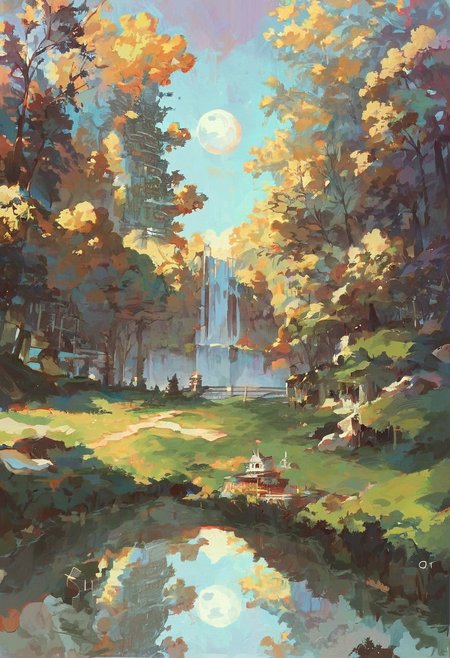 score_9, score_8_up, score_7_up, Anime Style, full moon and its reflection on a river below, Hyperrealism, Photorealism, Kerem Beyit, Documentary photography, Landscape photography, Shingle Style architecture, Forest depth of field, dynamic angle, sharp, hyperdetailed:1.15
