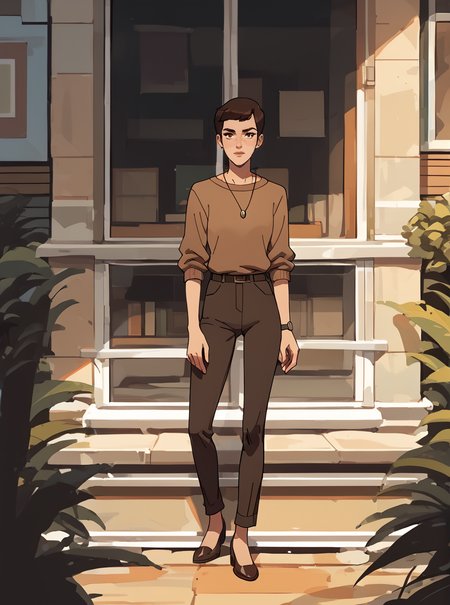 score_9, score_8_up, score_7_up, 1girl,short hair, cartoon, western animation, looking at viewer, flat colors, outline, full body, <lora:ellenkpxl:1>, ellenkpxl,  brown hair, brown sweater, necklace, 2d, office, pants,best quality,