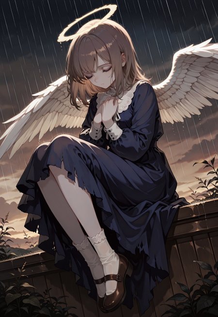 solo, ethereal, portrait, detailed, contemplative, 

sky, rain, 

closed eyes, hands on own chest, fluttering clothes, fluttering hair, meek, 

girl1, angel, very pale, brown medium hair, blue eyes, dark purple dress, torn dress, brown shoes, white socks, mary_jane shoes, 

(748cmstyle:1.3) 

masterpiece,best quality,amazing quality, detailed, 
