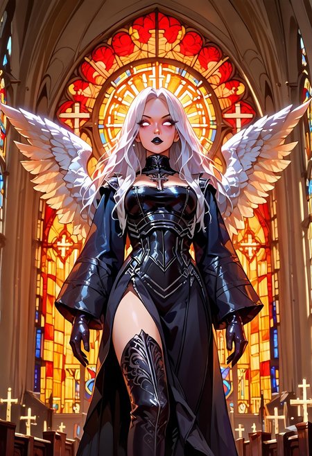 score_9, score_8_up, score_7_up, source_anime,1girl, long hair,wings,white hair,feathered wings,breasts,thighhighs,angel wings,angel,avacyn,black lipstick,church,cathedral,stained glass window,gloves,g0th1c, glowing, neon lights, glowing eyes,AVACYN