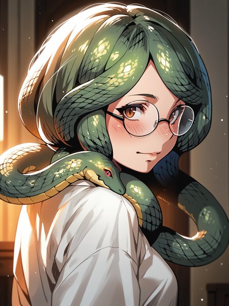 <lora:happy_tentacle-sanjimerisa-v0.3:0.9>, ht_sanjimerisa, glasses, snake hair, tentacle hair, prehensile hair, medium breasts, brown eyes, green hair , blush, indoors, upper body, 1girl, (petite:1.2), solo focus, (looking at viewer:1.1), backlighting, (depth of field:0.8), from side, [(realistic, photorealistic:1.1):(realistic:1.3):22], [(3d:1.2)::10], <lora:LUUNA's Lunas-NijiJourney-SDXL-B2:0.6>, nijijourney, <lora:prgfrg23's Counterfeit-V3.0 Style SDXL_LoRA_Pony Diffusion V6 XL:0.3> score_9, score_8_up, score_7_up, score_6_up, score_5_up, score_4_up