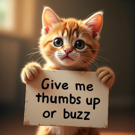 cute cat holding a sign  it says "give me thumbs up or buzz", realistic, cinematic,bokeh