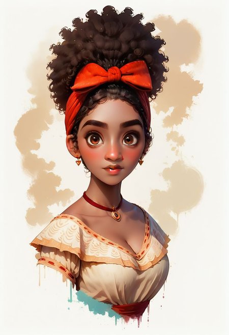 Faded Headshot, faded bottom, faded edges ,score_9,score_8_up,score_7_up,score_6_up,score_5_up,
Dolores Madrigal \(Encanto\), (ultra HD quality details), black skin, ebony girl, (afro, hair bow), upward hairbun, hair bow, brown eyes, 
traditional clothes,
, digital illustration, disney, rule 63, full body, perfect anatomy, perfect face, butt showing esthetically, abstract beauty, beautiful, centered, looking at the camera, approaching perfection, dynamic, moonlight, highly detailed, watercolor painting, artstation, concept art, smooth, sharp focus, illustration, 
(upper body:1.2), (close up:1.5), portrait, huge breasts, deep cleavage,