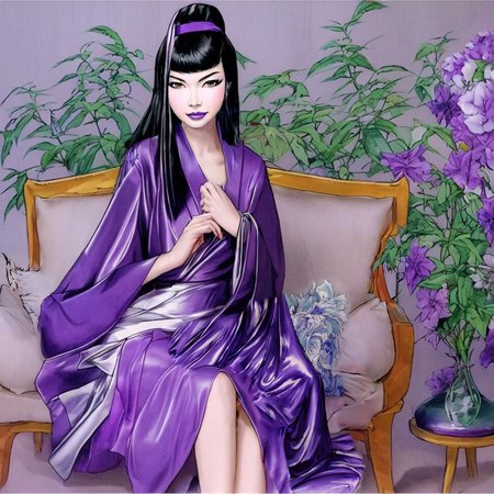 A waifu girl sitting on soft pillows wearing a purple robe in a traditional Japanese house with paper walls in the background SCG768-illustrate