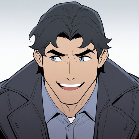 <lora:NIGHTWING_DFA-IL:1> nightwing_dfa, solo, smile, open mouth, short hair, blue eyes, simple background, shirt, black hair, 1boy, jacket, white shirt, upper body, male focus, :d, open clothes, teeth, collared shirt, grey background, black eyes, open jacket, coat, black jacket, looking to the side, gradient background, upper teeth only, thick eyebrows, blue shirt, portrait, grey shirt, black coat, open coat, bara, motion blur, film grain, abstract, natural lighting, fantasy, cinematic, dynamic, very awa, masterpiece, best quality, absurdres, newest, perfect quality, detailed background, intricate details, (artist:fl \(l-fl\):0.7), (artist:tooboshoo:0.7), (artist:dizdoodz:0.8)