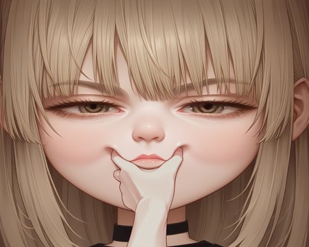 score_9, source_anime, BREAK, (grabbing eyes:1.3), eyes hidden with hands, (huge face:1.3), pov, tiny hand, funny, meme, (close up:1), (size difference:1), girl face, hair, nose, neck, <lora:sppovCheekGrabbingmemeXLPony:0.6>