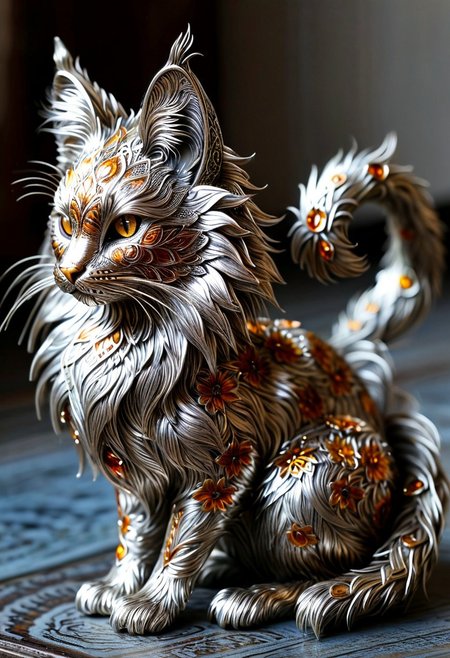 a unique, inadequate, unusual shape of random Mainecoon+botanical art object, filigree statuette,  metal silver, amber eyes,  cloisonne enamel minankari,  intricate details, ultra sharp, exquisite details, studio photo, soft lighting, End_JewelryMorph, ral-stkdrnrc