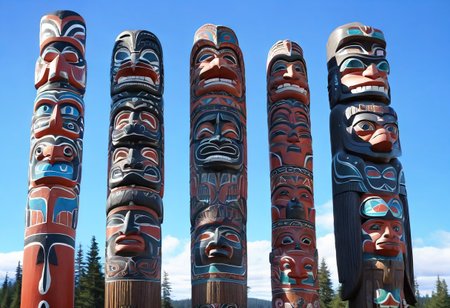 a photograph from the ground, pointing up of  beautifully decorated, intricately carved, beautifully painted, wooden totem poles, native American art, with various totem animals, stands on a beautiful natural background with land, water, sky and nature present, a realistic, breathtaking tall, wooden totem, nature, natural, absurdres, breathtaking, OverallDetailX, pop Tlingit totem pole, Archi Sculpture Photography