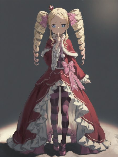 perfect quality,high quality,masterpiece,best quality,amazing quality,very aesthetic,absurdres,Cinematic Lighting,newest,Tactical use of shadow,
front view,full_shot,Disbelief,
BeatriceCYQL,1girl,solo,blonde hair,drill hair,long hair,twintails,twin drills,sidelocks,ribbon,hair ribbon,blue eyes,symbol-shaped pupils,crown,mini crown,dress,capelet,red capelet,fur-trimmed capelet,fur trim,pantyhose,striped pantyhose,striped,long sleeves,frills,frilled sleeves,red dress,frilled dress,shoes,pink footwear,bow,wide sleeves,
full body,standing,shushing,,
gray  background,simple background,
<lora:spo_sdxl_10ep_4k-data_lora_webui>,<lora:NOOB_EPSv1_1_detailer_by_vlnvk_v1_0>,<lora:shiej007>,,<lora:BeatriceCYQL:1>,