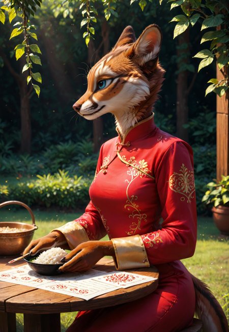 safe_pos, safe_pos, safe_pos, safe_pos, score_9, score_8_up, score_7_up, score_6_up, photorealistic, epiCPhotoGasm-colorfulPhoto, Realistic, highres, super high resolution, 8k, photo, furry, anthro, in the style of ck-mgs, nistyle, Special Ink-drawing mode, intricate linework with expressive contrasts, Mh1$AgThS2, Inkplash art on rice paper, sepia, henna , Silhouette Art, magnificent, inksplash image of stunning japanese woman, gold and red cheongsam, sitting in front of tori gate, facing viewer, dappled sunlight