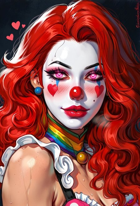 wearing classic polka dot bodysuit that hugs every curve, ruffled skirt, White elbow length gloves, big red clown nose, rainbow wig, Fishnet stockings
Erotic facial expression, Beautiful face, Perfect Face, Sultry eyes, Pretty face, Gorgeous Eyes, Pink Eyes, Breeding, Ovulating, Horny, In Heat, Passionate, Romantic, Hearts, Strong Nose, blush, Pink lipstick, Nail polish, Wet Hair, Messy Hair, Sexy Hair, Long Hair,
Oily Body, Sweaty Body, Hourglass body, Voluptuous, Big ass, Big Boobs, Thick thighs, Female Abs, feminine woman, Thick body, Sexy, Erotic, Arousing, Correct Proportions,
masterpiece, best quality, highly detailed, clean linework, upscaled, high resolution, score_9, score_8_up, score_7_up, low lighting,  high contrast color pallet, intense shadows, Saturated,
Portrait, Waist up, Close up, Face focus, Woman solo, Headshots, 
mythp0rt, oil painting, traditional media, realistic, g0th1c, glowing, neon lights, glowing eyes, Clown, Clown makeup, clown costume, colorful clown costume, red clown nose,