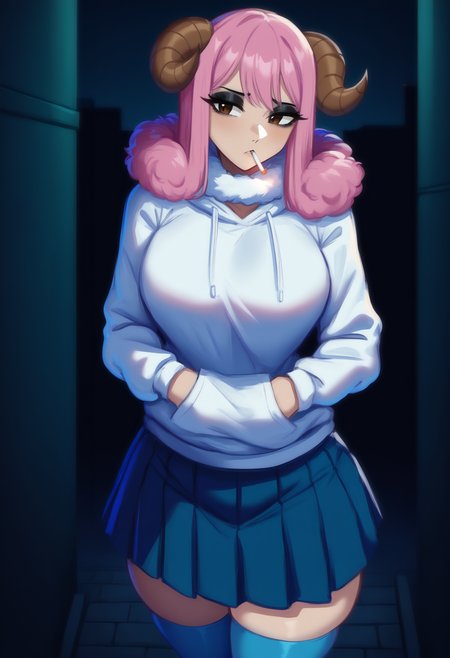 masterpiece, best quality, newest, absurdres, highres, <lora:NSAriesFairyTail:1> NSAriesFaiTai, brown eyes, horns, pink hair, medium hair, fur collar, white collar, white hoodie, blue skirt, pleated skirt, blue thighhighs, night, dark, alleyway, cigarette in mouth, black eyeshadow, outdoors