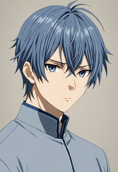 high resolution, solo, best quality, 1Boy, Tomoya Okazaki, Grey Blue Hair, portraits, looking at viewer, focused gaze forward, upper body, head upright, neutral expresion, OverallDetail