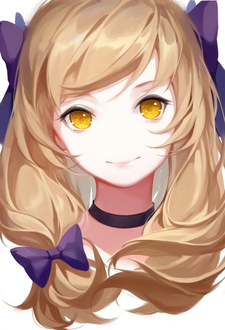 solo, 1girl, choker, yellow eyes, bow, long hair, hair bow, blonde hair, purple bow, looking at viewer, simple background, white background, portrait, smile, closed mouth <lora:solaXL_NBVP1_lokr_V6311P:0.95>