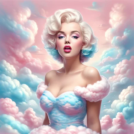 cottoncandy, surreal photo of a giant woman in classic femme style rising above cotton candy clouds, surprised expression, retro glamour hair, shoulders emerging above pastel sky, sensitive areas tastefully covered by candy vapor, dramatic perspective, majestic, highly detailed ,
<lora:add-detail-xl:0.3>,   <lora:SDXLCottonCandy:1>