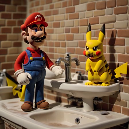<lora:claymation-style_a31_xl_1:1>,claymation-style,clay,mario,mustache,pokemon \(creature\),1boy,facial hair,hat,pikachu,overalls,gloves,male focus,brown hair,faucet,shirt,standing,red shirt,brown footwear,sink,bathroom,white gloves,