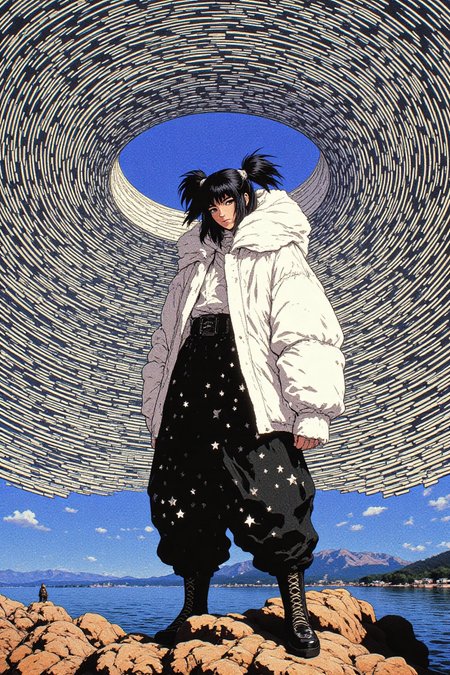 A hyper-detailed digital artwork of a young woman with East Asian features confidently posing on a sunlit, rocky shoreline with a serene lake extending toward a distant mountain range under a clear, bright blue sky. Her long, straight black hair is styled in two high pigtails, swaying slightly as if caught in a light breeze. She wears a large, puffy white jacket with a high collar, its voluminous texture contrasting sharply with her sleek black high-waisted shorts adorned with shimmering silver star patterns. Her dynamic stance emphasizes her massive, chunky black thigh-high boots, decorated with white star patterns along the sides and thick white soles that stand out against the rugged ground. Her expression is intense and commanding, with slightly parted lips and piercing eyes locked directly on the viewer. The background features an intricate optical illusion crafted from intersecting black-and-white concentric arcs and parallel lines, seamlessly woven into the natural setting, creating a surreal juxtaposition. A few faint silhouettes of distant figures along the shoreline add depth and scale. The scene merges fashion-forward edginess with the tranquility of the outdoors in an energetic and visually captivating composition. HD, 8K quality, ultra-detailed, masterpiece artwork, flawless anatomy.