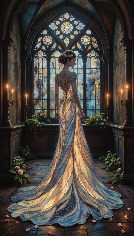 Bioluminescent, An arresting oil painting of a spectral bride in a dilapidated cathedral. She stands in a three-quarter pose, her back to the viewer, head turned to gaze over her shoulder. Intricate, luminescent gown with a flowing train cascades down her form.  Emphasize the interplay of light and shadow, the flickering candlelight casting an ethereal glow on her alabaster skin and the gossamer fabric of her dress. The background should depict the decaying grandeur of the cathedral, with crumbling arches,  overgrown foliage, and a pervasive sense of melancholic beauty.  Camera angle slightly low, contributing to the subjectâs statuesque presence. Include scattered rose petals on the floor, remnants of a forgotten ceremony.