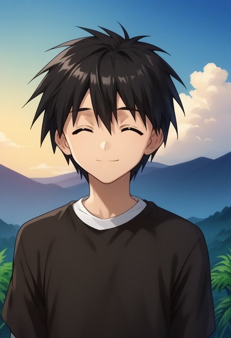 score_9, score_8_up, score_7_up, source_anime, highly detailed, 
ikuto, 1boy, male focus, solo, black hair, hair between eyes, closed eyes, shirt, black shirt, white shirt, short over long sleeves,
outdoor, island, palms, sky, upper body, smile,