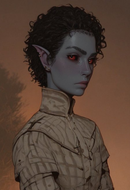 solo, short pointy ears, full body, piercings, random elf face, aquiline features, male dark elf, masculine, facial hair, brow rings, beaded piercings, weathered skin, blue-grey skin, chiseled features, large nose, insect chitin armor, insect chitin helmet, insect chitin ornaments, stylized insect pattern, athletic build,  animated realism, zoomed out, Syrian features, torso, yurts, tents, native camp, elegant berber tapestries, dead desert trees, ash dunes, distant volcano, ashy soil, grey green foliage, distant grey hills, sunrise, gloomy lighting, grey fabric awnings, dark wood posts, light dust clouds, grey-blue skin, grey skin, mahogany and ivory clothes, medium armor, bone plate armor, ivory straps and fittings, alien bone ornaments, grey wood neckguard, dark red sclera, black pupils, blue-green light, neon, highly detailed, defined features, looking at viewer, three quarters view, from side, dynamic lighting, 29 years old, light and shadows, patterned cloth, annoyed expression, expressive eyes, detailed medieval clothes, short hair, wavy hair, thick hair, beaded hair, braided hair, under cut hair, semirealistic, alien elf, spanish features, jewish features, black hair, dark red hair, umber skin, sharp features, pastel green inuit print cloak, nighttime, high detail, absurdres, pretty eyes, detailed eyes, red eyes,