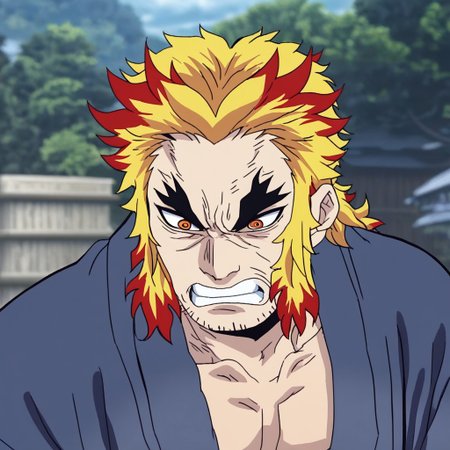possessing unruly blonde hair that flares out around his face, becoming redder near the ends above his ears, that he wears messily tied back behind his head. He has fair skin, bushy black eyebrows and bright, orange eyes that redden near the pupils, that are slanted inwards and shaped so as to give him a furious appearance, Shinjuro wears a traditional kimono robe. ng_deepnegative_v1_75t, easynegative, blonde hair with red tips, smooth anime, old man, hunky, built, muscular, pectorals, animescreencap,