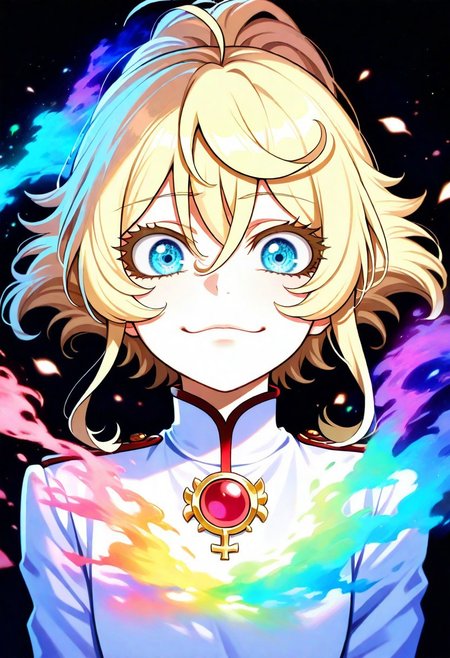 masterpiece, best quality, amazing quality, very aesthetic, absurdres, newest,, 1girl, TanyDegurechaff, elegant military uniform, calm expression, slight smile, blonde hair, cold blue eyes, vibrant magical glows, shimmering uniform, radiant light, upper body visible, head and shoulders visible, ethereal orbs, sparkling particles, delicate flowers, enchanting atmosphere, magic, tranquility., masterpiece, best quality, amazing quality, very aesthetic, absurdres, newest, soft light, explosion of colors, masterpiece, best quality, colorful, bright, multicolored, bright colors of paint, masterpiece, best quality, amazing quality, very aesthetic, absurdres, lots of multicolored rainbow light, focus on the face, lots of soft light, soft colors, very lots of multicolored rainbow light,