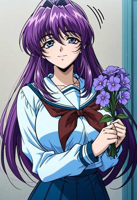 masterpiece, best quality, newest, highres, uncensored, 1girl, yokota mamoru style,1girl,,motion lines 
Mikado Shizuru OVA2,1girl, purple hair, long hair, Long hair, Side hair, Spiky Bangs, Violet hair, Waist Length hair,Blue eyes, Hosome eyes,large breasts,slim,
Be happy and hold flowers,gate of school，school uniform，1girl，solo