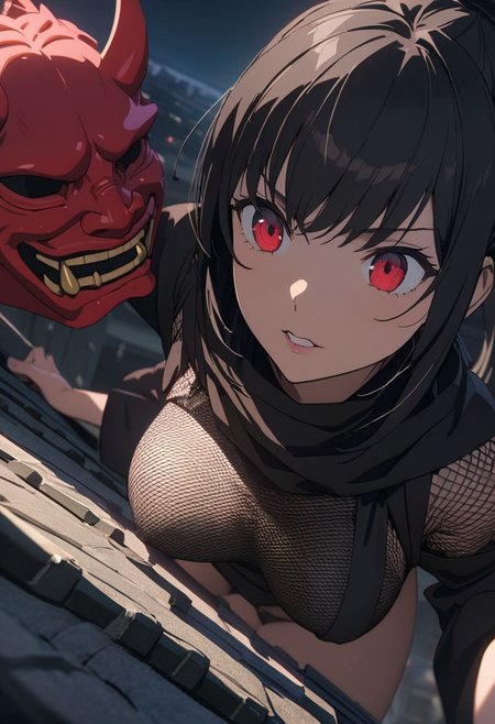 gorgeous lips, cinematic, (masterpiece), (best quality), (ultra-detailed), very aesthetic, illustration, perfect composition, intricate details, absurdres, detailed face, (anime, masterpiece, intricate:1.3), (best quality, hires textures, high detail:1.2), (4k),(incredibly detailed:1.4) 
vibrant colors, 1 girl, masterpiece, best quality, cinematic lighting, 1 shinobi girl, (shinobi), edo city at night, (on top of a roof), (hiding), ninja, low light, dark theme, edo, (oni mask), shinobi outfit, black hair, ponytail, red eyes, dark clothes, shadows, , more prism, vibrant color, dynamic pose, perfect body, fishnet top, nsfw