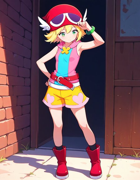 <lora:PAmitie_SDXL_Illustrious01_fp16_ver01:1>,PAmitie, 1girl, solo,blonde hair, short hair,green eyes,hat, shorts,bracelet,pink sleeveless hoodie, blue shirts,red belt,black socks,boots,bold line painting,, masterpiece, best quality, very aesthetic, absurdres,<lora:detailed_hands:1>,hand