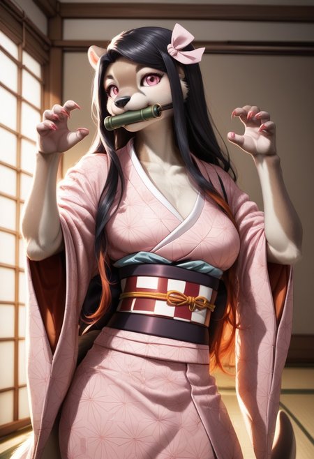 score_9, score_8_up, score_7_up, source_furry, beautiful female otter furry ,1 girl(otter), middle breasts,detailed face,kind look, bit gag, gag, japanese clothes, long hair, kimono, pink kimono, black hair, bamboo,  claw pose, pink eyes, solo, ribbon, asa no ha (pattern), haori, red nails, hair ribbon, checkered sash, sash, obi, fingernails, gagged, sharp fingernails, mouth hold, pink nails, pink ribbon, hc, ,castle room background(night,dark),Furry antro otter dressed like  Nezuko, solo