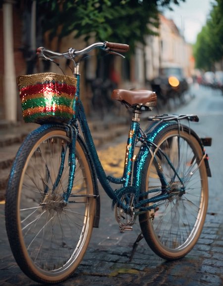 cinematic still fflix_sequin, bicycle, ground vehicle, no humans, road, blurry background, outdoors, street, pavement . emotional, harmonious, vignette, highly detailed, high budget, bokeh, cinemascope, moody, epic, gorgeous, film grain, grainy", "cinematic photo fflix_sequin, bicycle, ground vehicle, no humans, road, blurry background, outdoors, street, pavement . 35mm photograph, film, bokeh, professional, 4k, highly detailed", "fflix_sequin, bicycle, ground vehicle, no humans, road, blurry background, outdoors, street, pavement, intricate, elegant, highly detailed, digital painting, artstation, concept art, smooth, sharp focus, illustration, art by wlop
 <lora:fflix_sequin-000012:1>