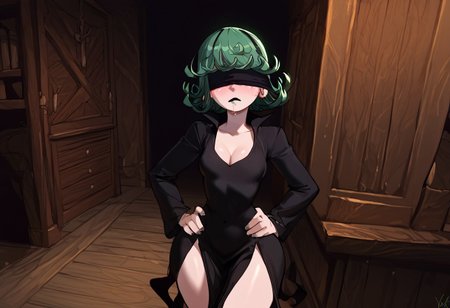 score_4_up, score_6_up, score_9, score_8_up, score_7_up, 1girl. ONLY ONE FEMALE.
Tatsumaki, white skin, green hair. 
Expressiveh, masterpiece, easynegative, high_quality, high_definition, 8k, ng_deepnegative_v1_75t. <lora:add-detail-xl:0>, <lora:Expressive_H:1>, <lora:WildcardX-XL-Detail-Enhancer:1>. 
very detailed, very detailed, high detailed texture, detailed face, highly detailed face
GOTH. GOTH SETTING. SOLO. In a lit chapel standing at an altar, wearing a black priest dress with a high thigh slit, v-neck, sideboob exposed, cleavage, black blindfold, mascara running down the face, thick mascara marks, blindfold covering eyes, eyes are not visible, eyes are covered, hands on hips standing, body shot, unique angle.