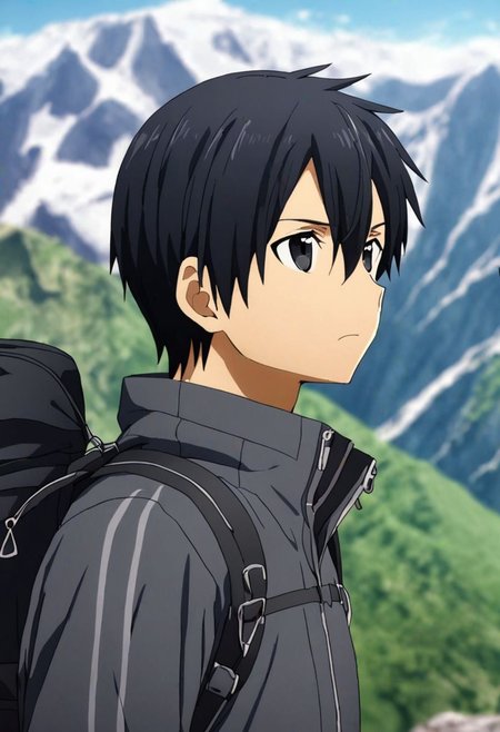 high resolution, solo, best quality, 1Boy, Kazuto Kirigaya, Black Hair, Black Eyes, landscape, looking away, high mountain, hiking gear, shallow depth of field, OverallDetail