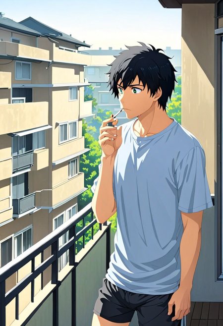 high resolution, solo, best quality, 1Boy, Arata Kaizaki, Black Hair, home balcony, morning, cigarette, coffee, t-shirt, shorts, looking away, OverallDetail