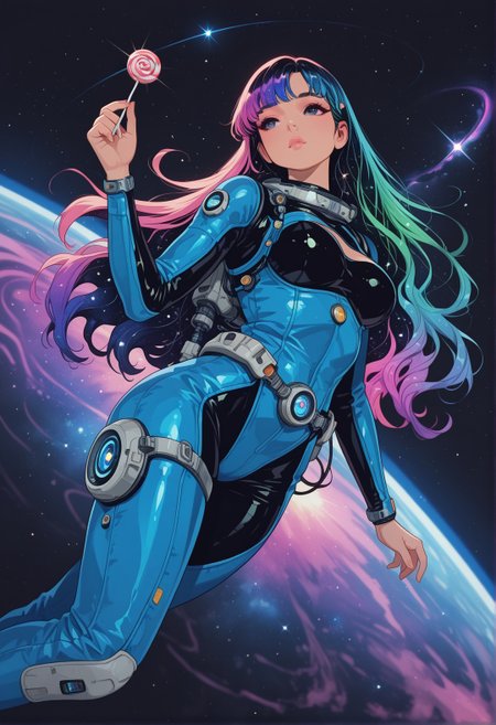 masterpiece, best quality, good quality, very aesthetic, absurdres, newest, 8K, depth of field, focused subject, 1girl, sci-fi, floating, space, lollipop in hand, sexy space suit, stars, touching nebula, galaxy, swirl, neon hair, long hair, dynamic angle, floating, flying, hyper space, 
,in the style of cksc,
 <lora:ck-shadow-circuit-IL:1>