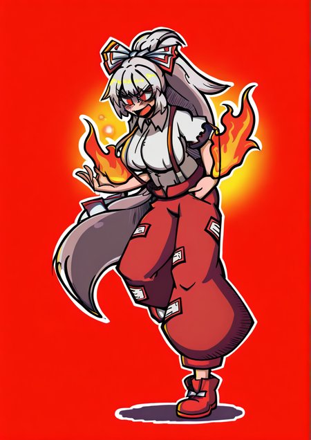 <lora:Commander_lv_c:1.2>,1girl, fujiwara no mokou, huge breasts, baggy pants, bow, collared shirt, fiery hair, fire, hair bow, hair ribbon, long hair, ofuda, pants, ponytail, red eyes, red footwear, red pants, ribbon, shirt, shoes, short sleeves, solo, suspenders, torn clothes, very long hair, white bow, white hair, white shirt, 
very awa, masterpiece, best quality, highres, absurdes,amazing quality