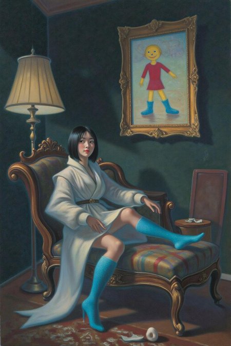magr1 illustration.
This is a high-resolution classical painting featuring a woman seated on an antique, dark wooden chaise longue. The woman is of East Asian descent with a fair complexion and black, straight hair styled in a sleek bob. She is dressed in an avant-garde, white, oversized coat with voluminous sleeves that are tied in a dramatic, asymmetrical knot. Her outfit is complemented by bright, vivid blue, knee-high socks that contrast starkly with the white of her coat. She is seated with her legs crossed, and her posture is relaxed yet poised.
The background is a deep, dark black, creating a dramatic contrast with the woman's outfit and the light source. To her left, there is a tall, ornate lamp with a beige, pleated shade, casting a soft, warm light that highlights her features. Above her, on the dark wall, hangs a classical painting--except, instead of a traditional scene, it is a crayon drawing, done by a child. The crayon drawing features a simple stick figure with a round head, straight lines for arms and legs, and a big smile. The drawing is childishly colorful, with bright red for the body, yellow for the hair, and blue for the shoes. The figure's eyes are represented by two large dots and the smile by a curved line. This childlike, innocent drawing contrasts sharply with the sophisticated elegance of the woman, adding a whimsical touch to the otherwise classic setting.
 <lora:magr1_cap_d6a3e12:1.0><lora:828064863113927959:0>