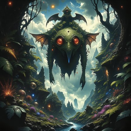 highly detailed, intricate, detailed background, famous artwork inspired by (beeple:1.4), dark scifi style, in the heart of the jungle on planet "mancwood prime", the "curious puddlegonkler" with its zighty wings and its glowing zibzorbled eyes prowls through the shadows, surrounded by the ancient overgrown ruins of the skruffleplinks and the swirling pools of klorftwizzle, golden ratio, in the style of ck-ovf, amanoer, arsmjstyle, dnddarkestfantasy, aidmamj6.1, 
<lora:style-oneviolentfantasy-ep21-flux-by_chronoknight:0.72> 
<lora:style-yoshitaka_amano-elden_ring-flux-by_alicient:0.56> 
<lora:style-dnd_dark_fantasy-flux-by_arsmachina:0.8> 
<lora:midjourney_61-v0.4-flux-by_aidma:0.72> 
<lora:faetastic_details-flux-by_faeia:0.64>