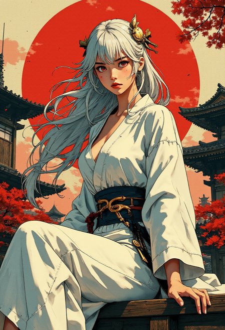 (Ink Style, A stunning  illustration in high-quality anime style, stunningly beautiful and cool female samurai, wearing white kimono, her silky-like silver hair flowing the wind, crimson red eyes burn deeply, her gaze piercing like an arrow. sitting with confidently and cool expression, antique japanese temple on her background, extemely detailed, masterpiece, hig quality ), <lora:CPA:0.6>,  <lora:Luminous_Shadowscape:0.8>,  <lora:9mix:0.6>,  <lora:RetroAnimeFluxV1:0.6>