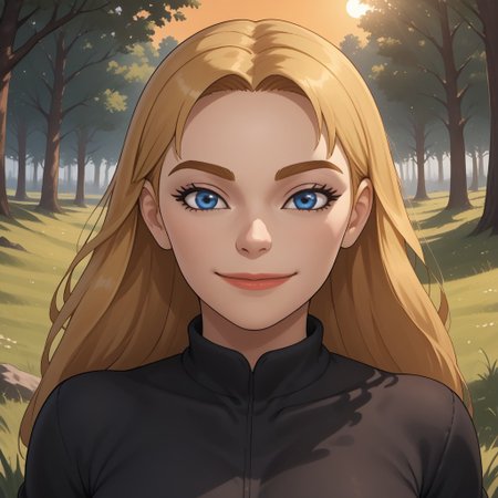 score_9, score_8, BREAK, solo, mii, wii, wii sports resort, 1girl, female mii, cute, blonde hair, long hair, dark blonde eyebrows, black eyeshadow, blue eyes, lips, wide lips, black clothing, black pants, shoes, big breasts, Gabi_(\Wii_Sports_Resort\), white skin, Nintendo Mii, modern_mii, classic_mii, sexy pose, self portrait, smile, outdoors, sunlight, shadows, evening lighting, natural lighting, forest, trees, grass, orange sky, sunset