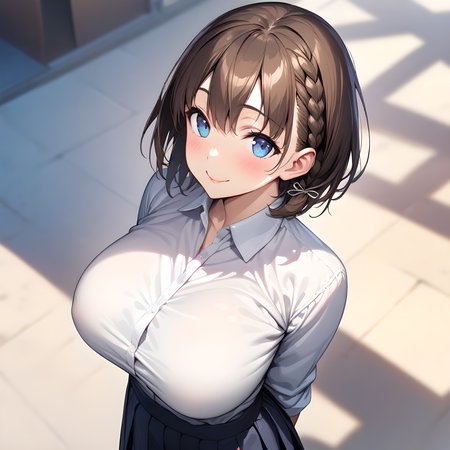 (masterpiece),(best quality),(ultra-detailed),(best illustration),(best shadow),(absurdres),(detailed background),(very aesthetic), ai-chan(tawawa), 1girl, solo, breasts, braid, skirt, brown hair, large breasts, smile, short hair, shirt, looking at viewer, arms behind back, blue eyes, side braid, white shirt <lora:XL-Ai-chan(Tawawa):1>