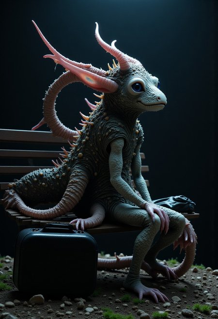 A bizarre monster creature lost it's way, he is sitting alone on a park bench in central park, translucent skin, twilight, magical, w31rd13sfl1, wearing a hat, big eyes, (otherworldly but also mundane), behaved, suitcase next to him, spotlight on him