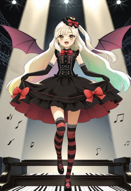 masterpiece, best quality, 1girl, solo,   zzMayu, gothic dress, corset, striped thighhighs, elbow gloves, stage background, standing on piano keys, music notes swirling, spotlight, giant ribbon bow, bat-wing hair accessory, confident pose, tilted head, one leg lifted, smile with fangs, magical glow, concert lights, rich purple and black theme      narrow waist,  , <lora:MAYULoveLogic_IXL:1.0>,
