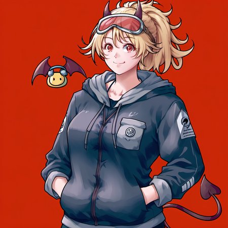 1girl, nikaidou (dorohedoro), by kodoto, :d, black hoodie, blonde hair, case, demon horns, demon tail, goggles, goggles on head, hands in pocket, hood, hood down, hoodie, horns, looking at viewer, ponytail, red background, red eyes, smile, solo, tail, wide-eyed,