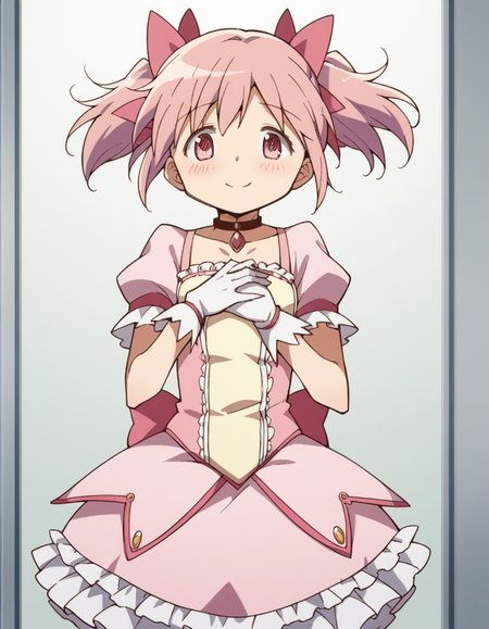 score_9, score_8_up, score_7_up, source_anime, <lora:madoka-kaname-s1-ponyxl-lora-nochekaiser:1>, madoka kaname, short hair, ribbon, twintails, hair ribbon, pink hair, pink eyes, short twintails,, skirt, gloves, dress, bow, choker, puffy sleeves, white gloves, magical girl, bubble skirt,, hospital room, bedside, get well flowers, comforting, quiet, smile, hands on stomach, blush,, looking at viewer, solo,, dutch angle, cowboy shot