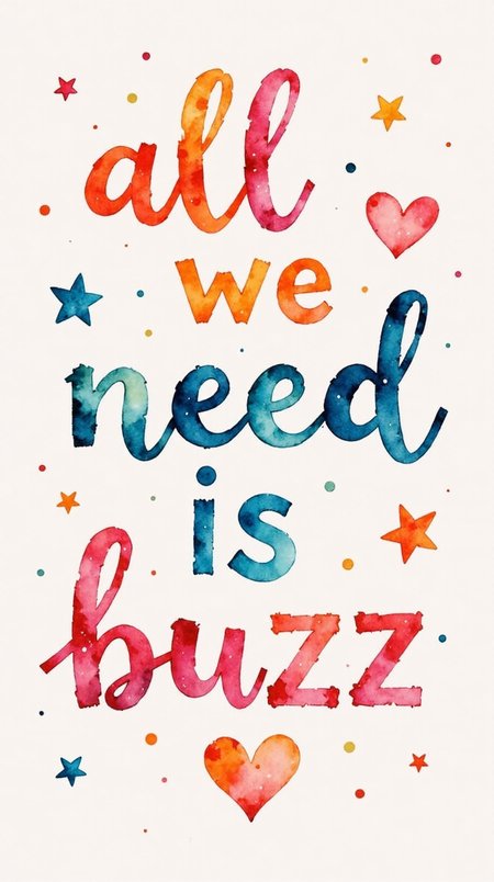 Jedwtclr, watercolor art, a colourful text " all we need is buzz â¡ " written on a paper,  <lora:FluxWatercolor:1>