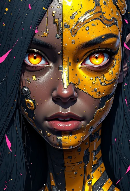 anime, cyberpunk, zoomed in, portrait of a beautiful woman dark skin reflective, half turn head to the camera, (intricate golden face tattoo), half face is golden transfusion, golden lines splits the face vertically, golden makeup and lipstick color, golden glitter makeup, thin cheeks, glowing gold on face, detailed lips, black long hair with pink notes, Victorian party mask on eyes, UHD, smooth, sharp, detailed, intricate,