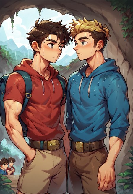 8k, score_9, score_8_up, score_7_up, masterpiece, cowboy shot, male focus, handsome face focus, 2boys, couple focus, muscular twinks, broad shoulders, slim waist, lean, young, handsome, cute face, wet clothes, wet body, wet hair,
(Kyl, brown hair, brown eyes, red hoodie, brown shorts, backpack, belt)
(Mike, spiky blonde hair, grey eyes, blue hoodie, brown shorts, belt),
walking into cave,
Cave entrance, indoors, dark clouds, raining, rain, mountains in background, dynamic pose,